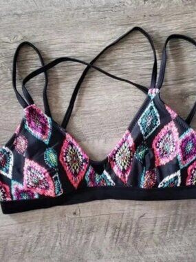 Xhilaration Black & Pink Neon Colors Strappy Bikini Top.